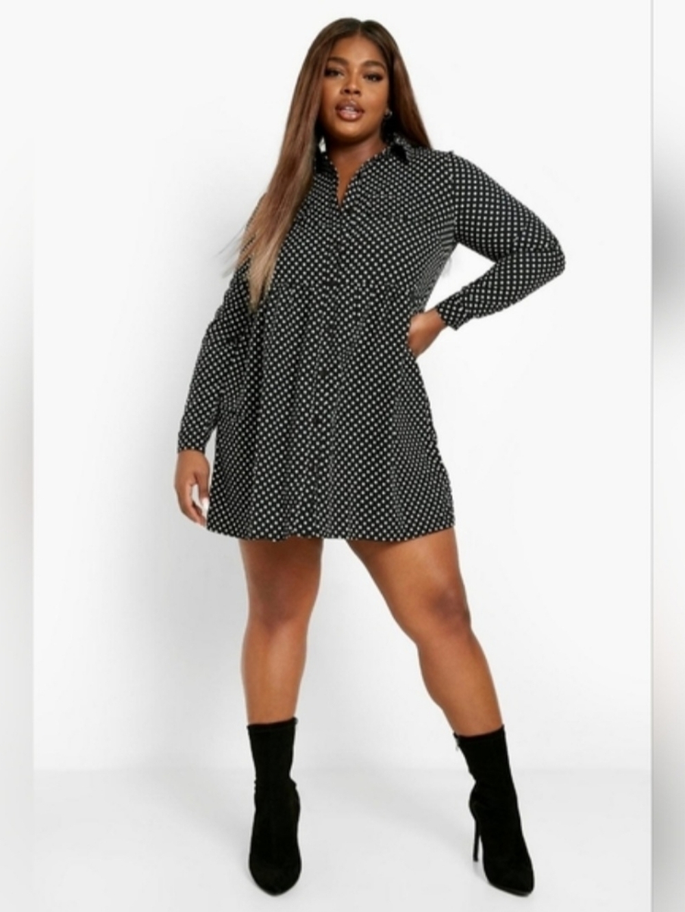 Boohoo Plus Size Black Polka Dot Long Sleeve Shirt Dress Size 22 - Picture 4 of 8